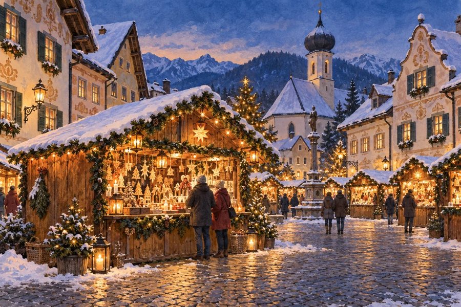 KI-Illustration eines Weihnachtsmarkts in Bayern
