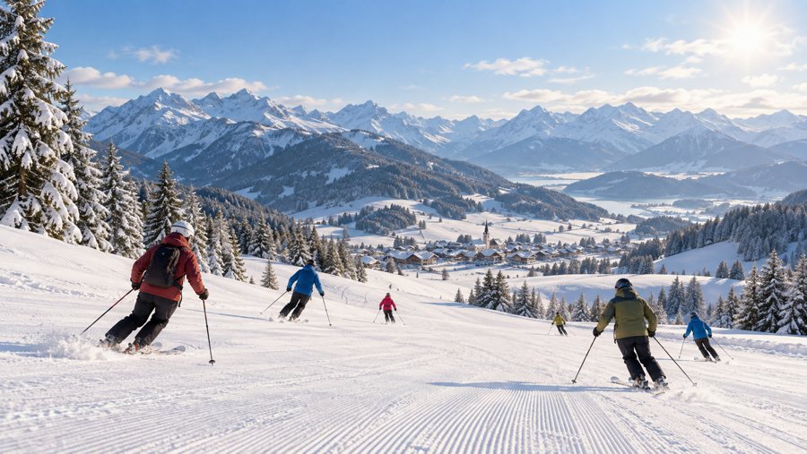 KI-generierte Illustration: Skifahrende auf einer verschneiten Piste vor Alpen und Dorf in Bayern.