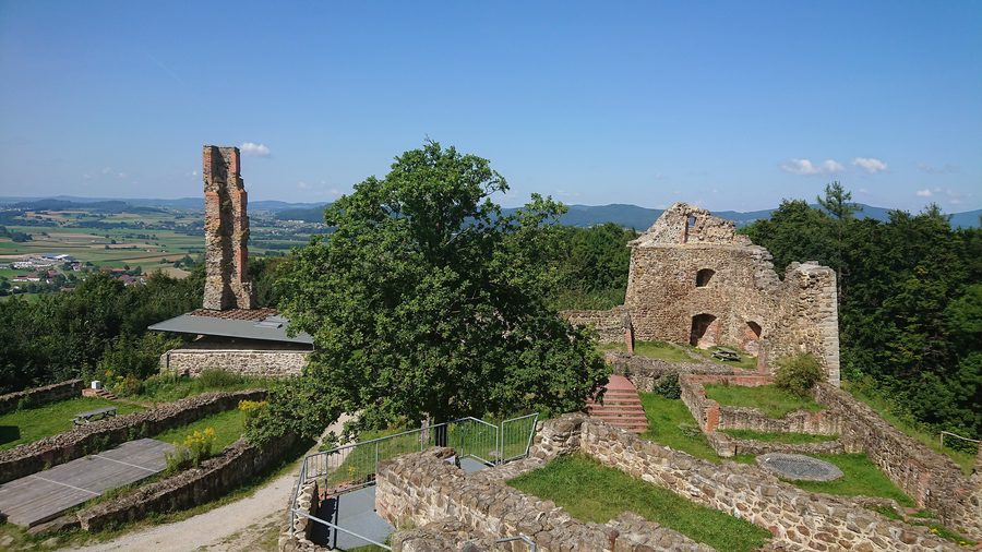Blick vom Panoramafelsen auf den Nordflügel der Burgruine Runding mit Dohlenturm und Palas
