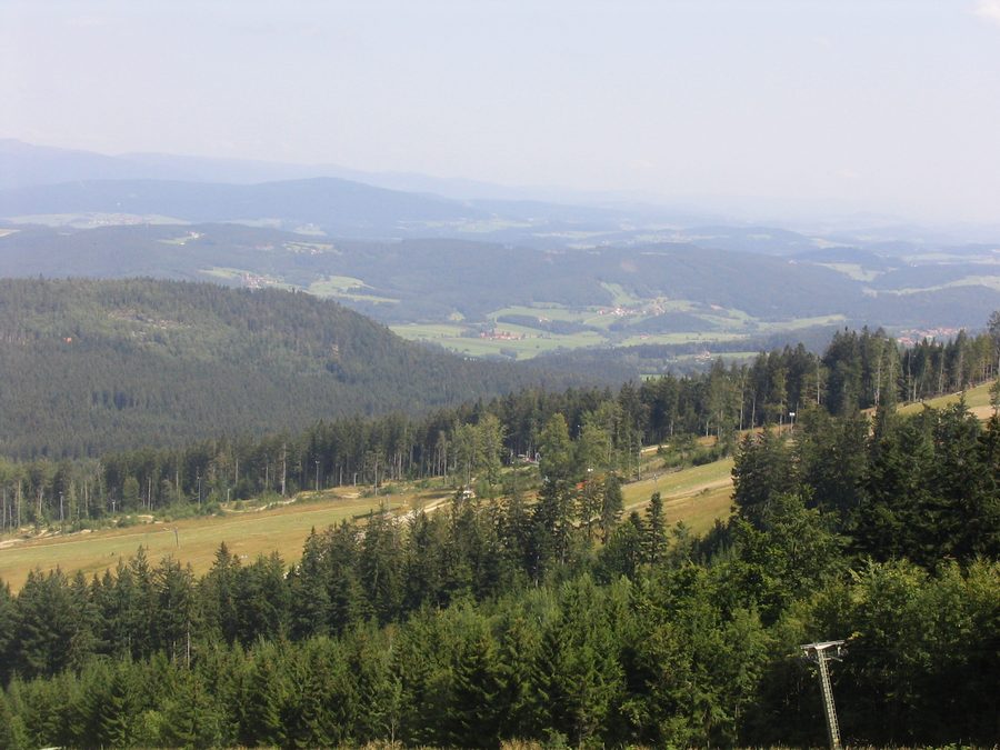 Blick vom Geißkopf Richtung Bischofsmais über die bewaldete Landschaft