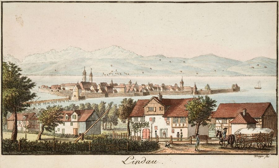 Historische Ansicht von Aeschach über den Kleinen See auf die Lindauer Insel mit Holzbrücke und Landtor