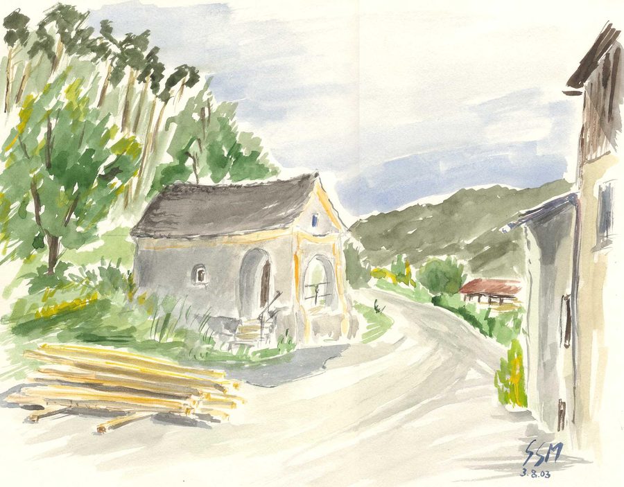 Aquarell der Ablaßmühle im Anlautertal in der Gemeinde Titting