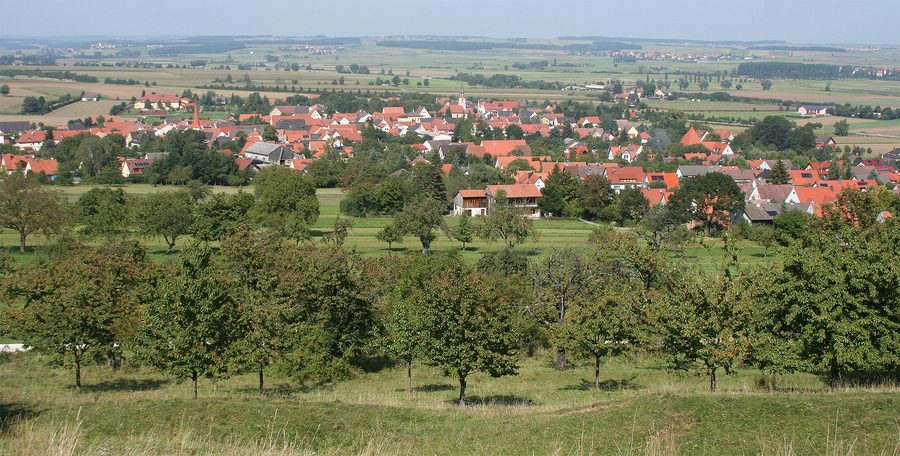 Blick von der Buchleite auf den Ortskern von Markt Berolzheim über eine Streuobstwiese