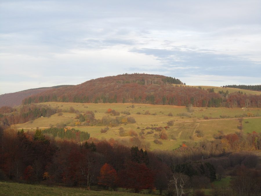Blick auf den Steinkopf in der Rhön mit weiten offenen Landschaften