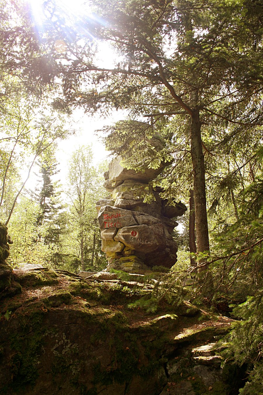 Teufelstisch bei Bischofsmais, eine markante Granitfelsformation im Wald