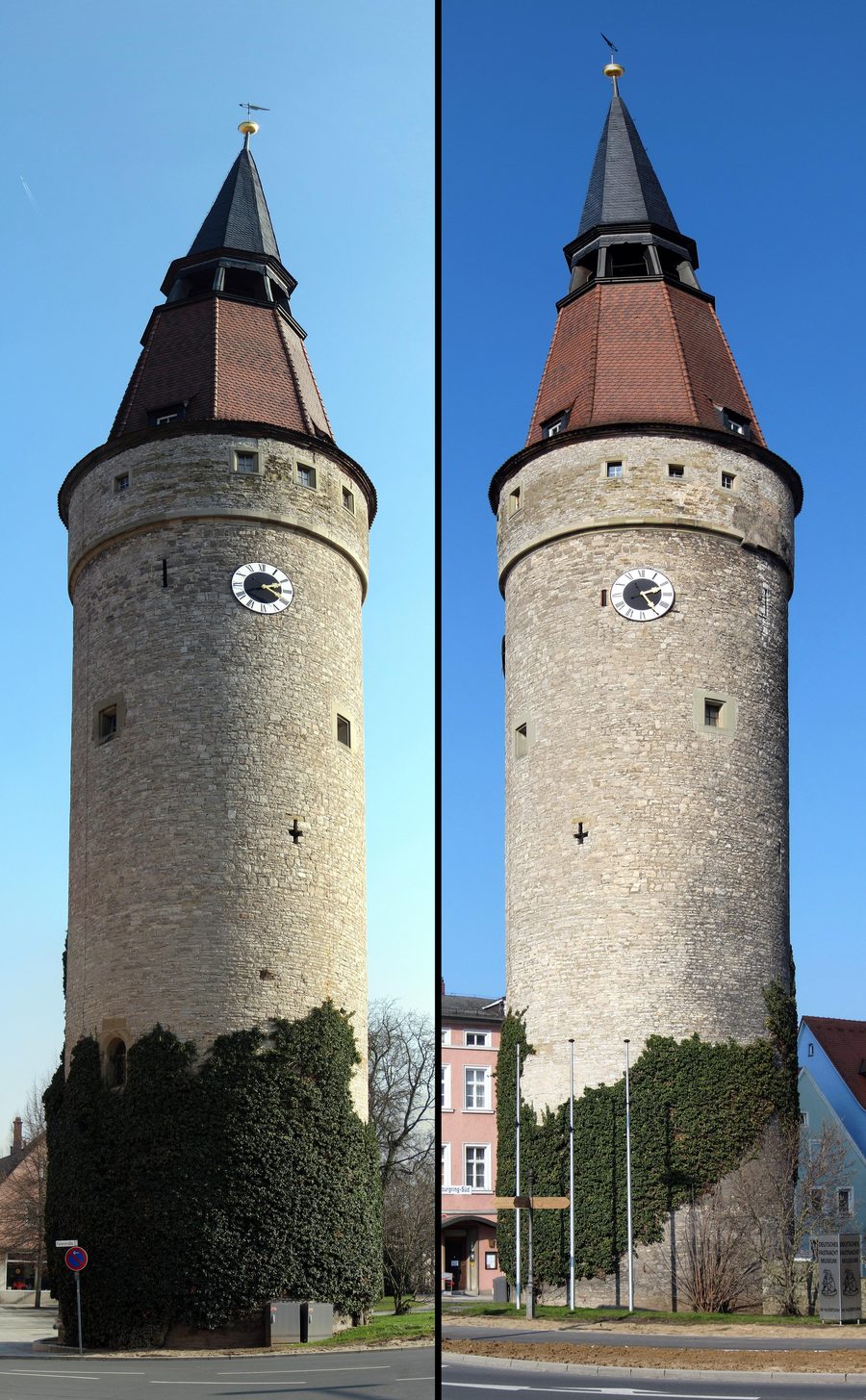Falterturm in Kitzingen, ein historischer Turm mit geneigter Spitze