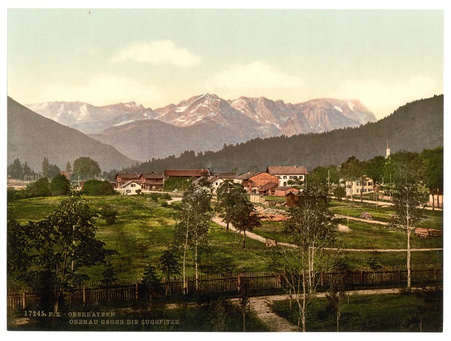 Historische Ansicht von Oberau mit Blick zur Zugspitze