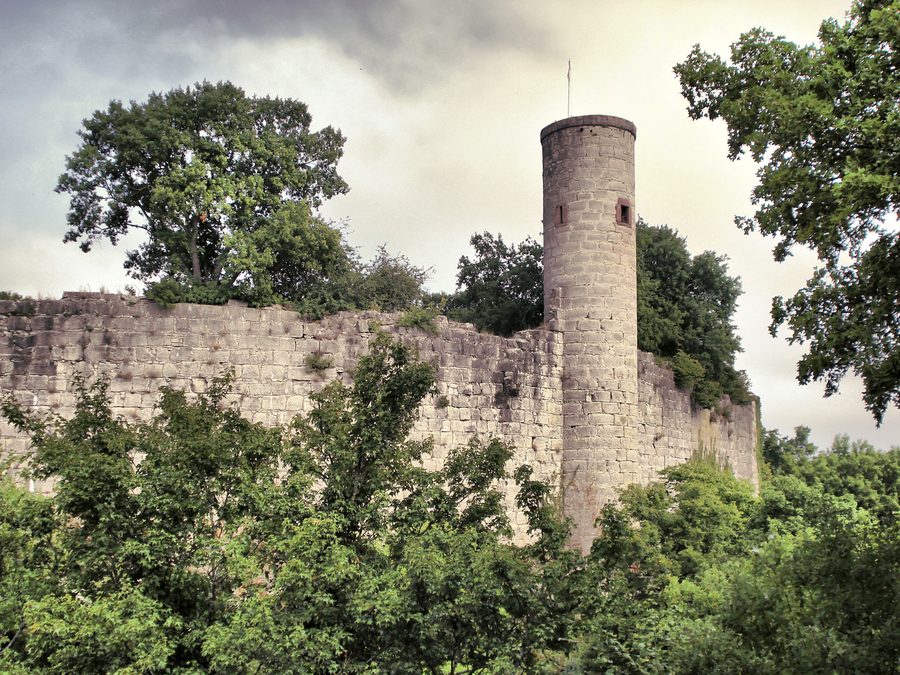 Burgruine Homburg bei Gössenheim auf einem bewaldeten Hügel